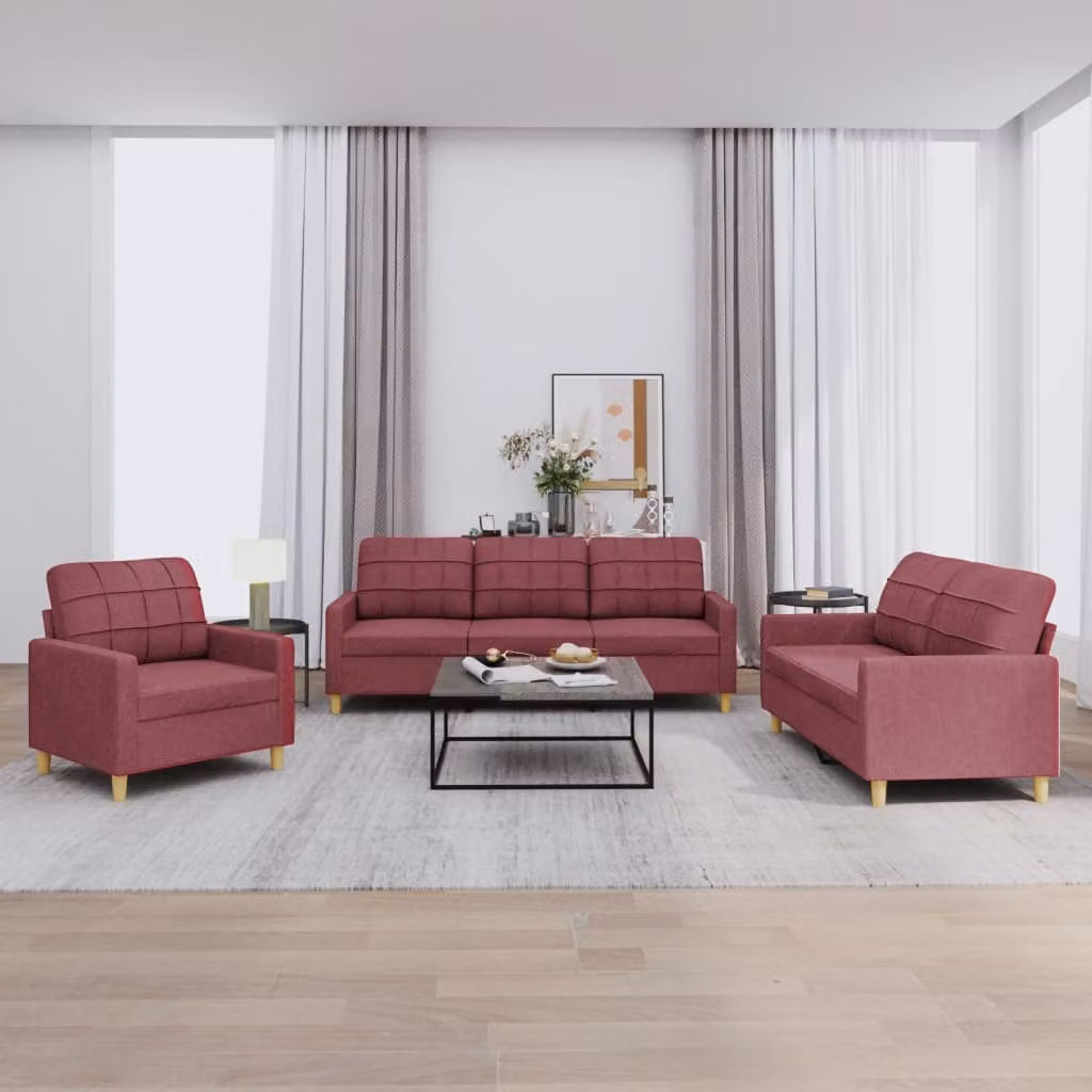 vidaXL Set di Divani 3 Pezzi Moderno in Tessuto Rosso con Cuscini e Braccioli – 1