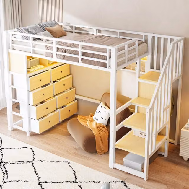Letto a soppalco singolo 90 × 200 cm con 8 cassetti, LED regolabile e mensole, senza materasso, bianco