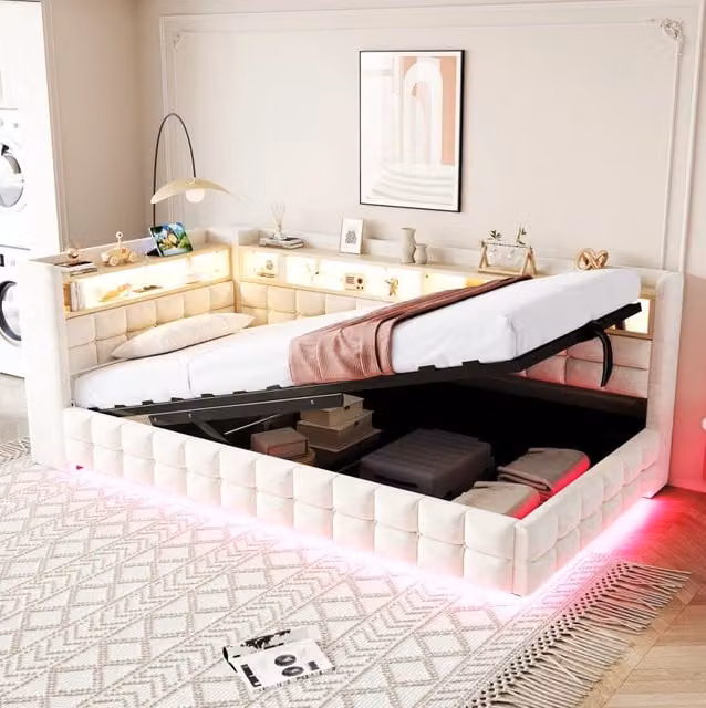 Divano letto imbottito 90x200 cm beige con contenitore idraulico, LED, prese e mensole