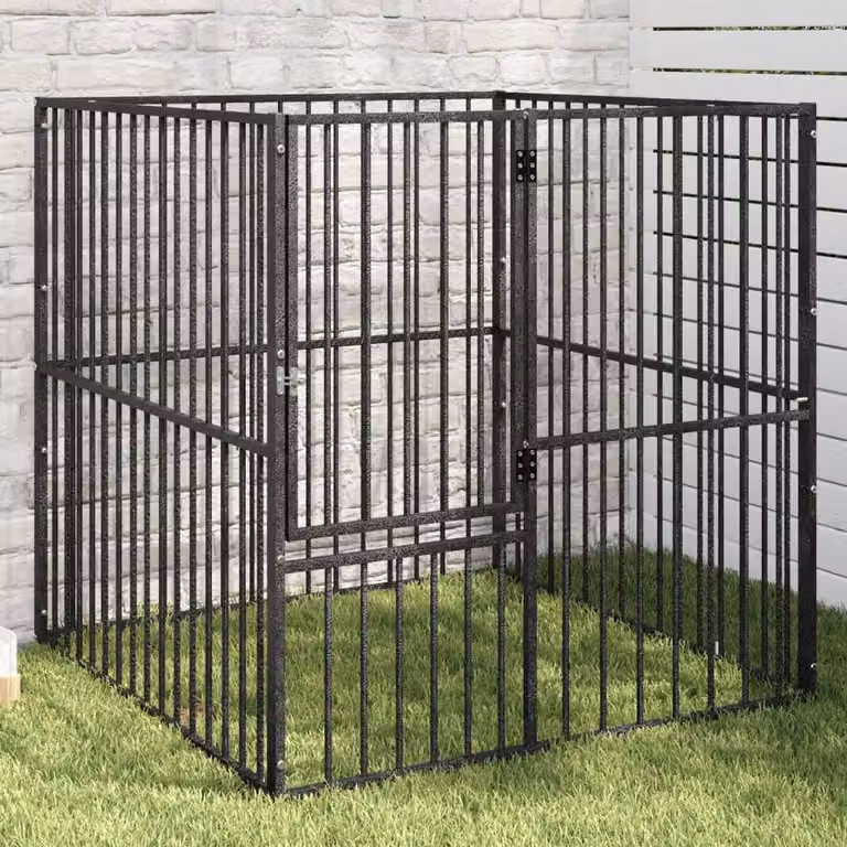 vidaXL Box per Cani in Acciaio Zincato Nero con 4 Pannelli