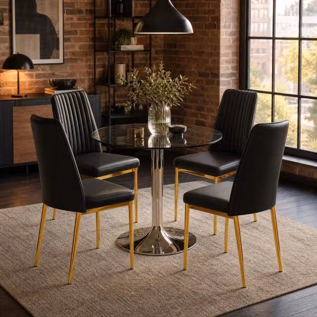 Set tavolo da pranzo e sedie con 1 tavolo rotondo e 4 sedie in vetro, metallo e similpelle nero, oro e argento