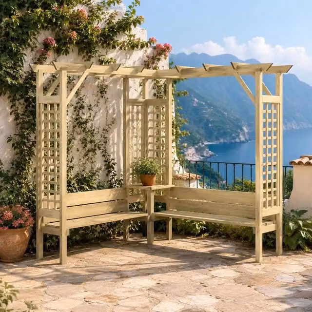 Corner Pergola With Bench, Made Of Impregnated Pine Wood