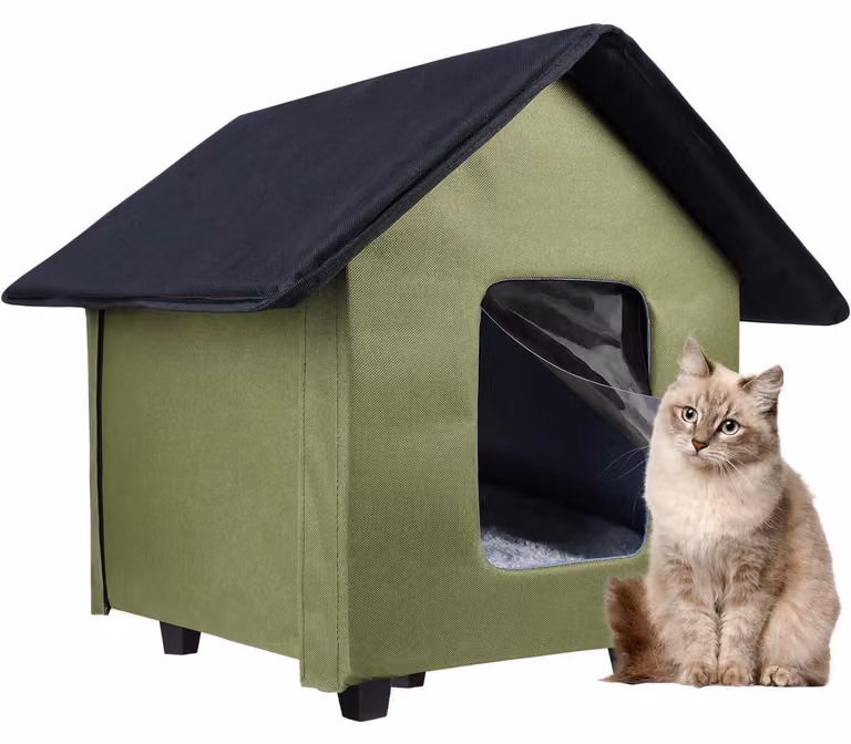 Cuccia per gatti da esterno, impermeabile, pieghevole, con cuscino, colore verde, dimensioni 48 x 53 x 43 cm