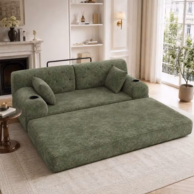 Divano letto MIVRAY in velluto verde con funzione notte, telaio in metallo e portabevande