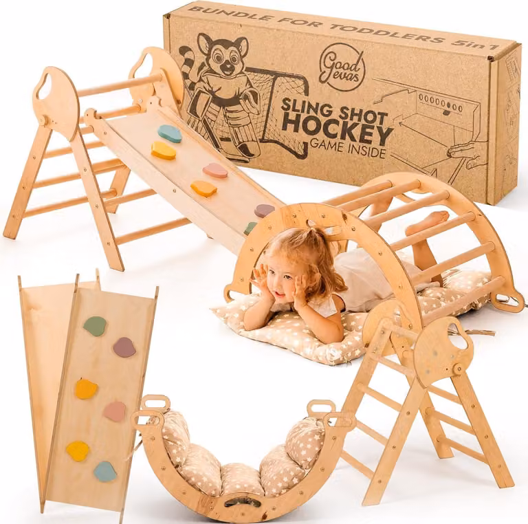 set di strutture per arrampicata Montessori 5 in 1: triangolo per arrampicata indoor, arco per arrampicata con cuscino e scivolo per bambini, parco giochi indoor 1-3 anni