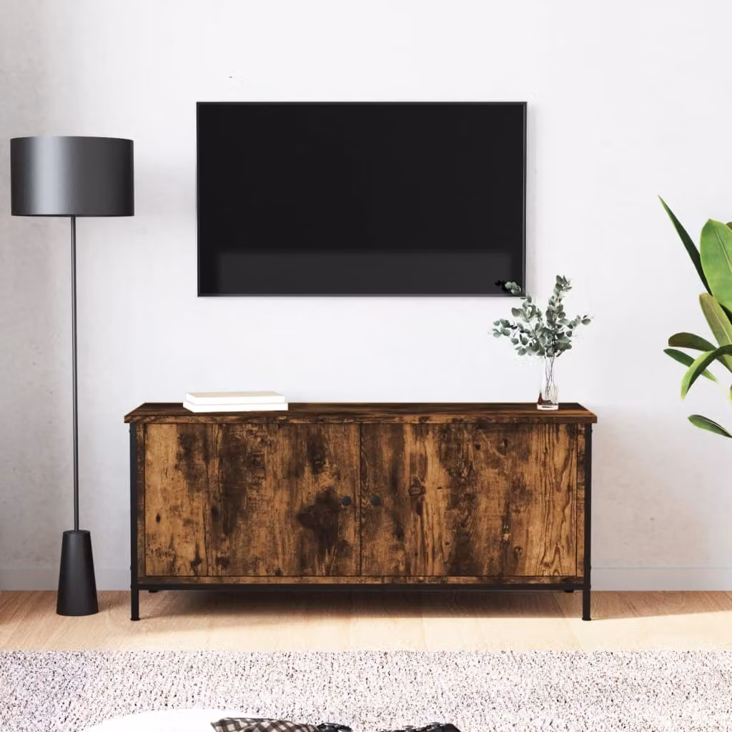 Mobile TV vidaXL con ante in rovere fumo e struttura in legno e metallo, colore marrone, L 102 cm x P 35 cm x H 45 cm