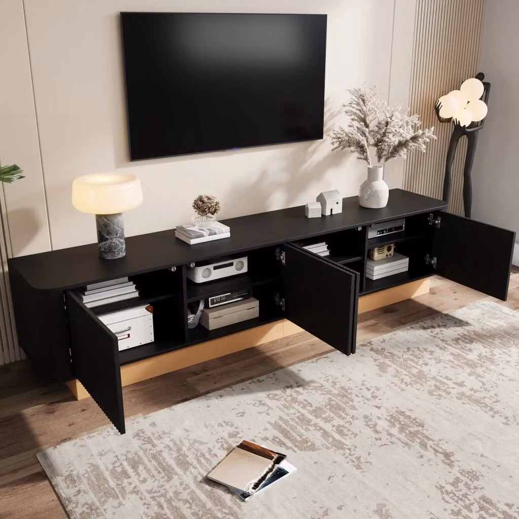 Mobile TV Mivray nero con 4 ante, ripiani regolabili e passacavi, design moderno in MDF opaco L: 200 cm, P: 40 cm, H: 47.5 cm – 2