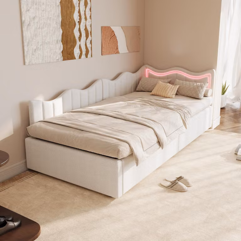 UnboxG Letto imbottito divano letto 90x200, letto singolo con LED e contenitore idraulico, struttura letto con rete a doghe, letto da giorno in tessuto vellutato divano letto per ospiti letto per ragazzi, beige