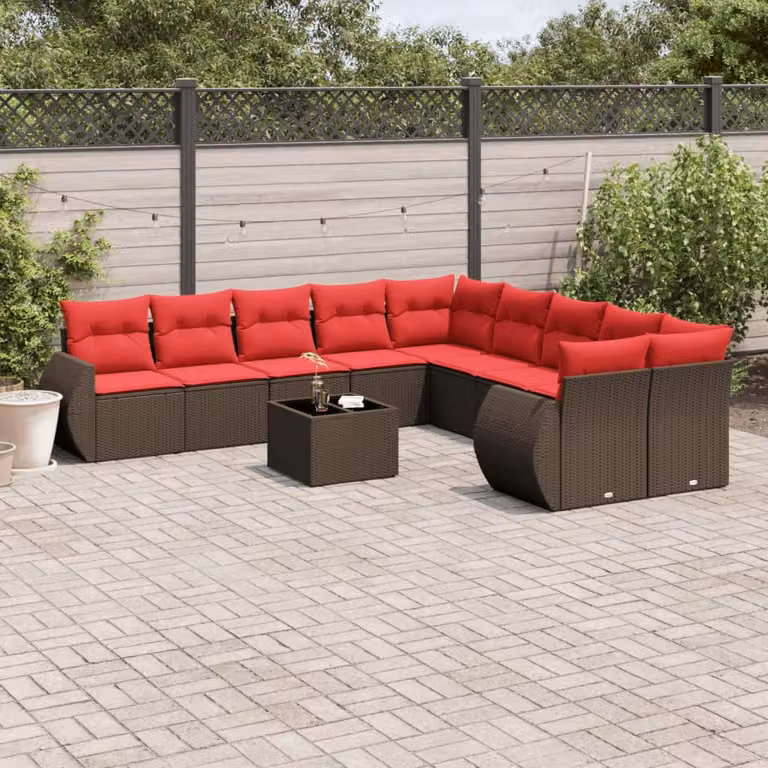 Set di divani da giardino vidaXL 11 pezzi in polyrattan marrone con cuscini e tavolino da esterno in vetro e metallo