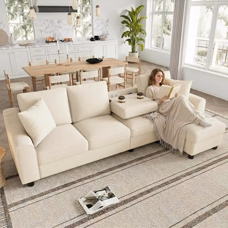 Divano ad angolo a L Merax a 4 posti, divano in ciniglia con chaise longue, schienale ribaltabile, portabevande, contenitore per la biancheria da letto, vano portaoggetti, divano, beige