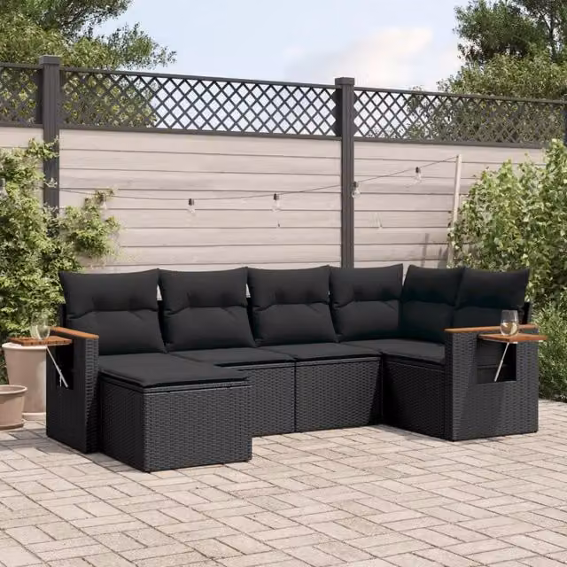 Set Divano da Giardino 6 pz con Cuscini Nero in Polyrattan 3227014
