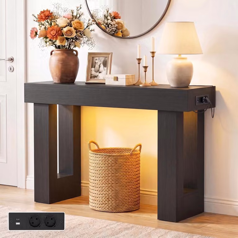 Tavolino consolle con presa di corrente e USB, 120x35x85 cm, tavolino stretto per l'ingresso con 2 prese, 2 porte USB e luce con sensore di movimento, colore nero