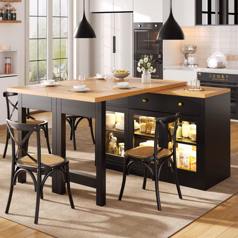Flieks: isola da cucina allungabile con illuminazione a LED, tavolo da pranzo con 3 cassetti e ante in vetro, controllo tramite app, tavolo da bar 120-200 x 40 x 75,5 cm, nero
