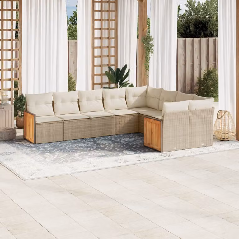 vidaXL Set Divano da Giardino a L 9 pz in Polyrattan con Cuscini Beige e Struttura in Metallo