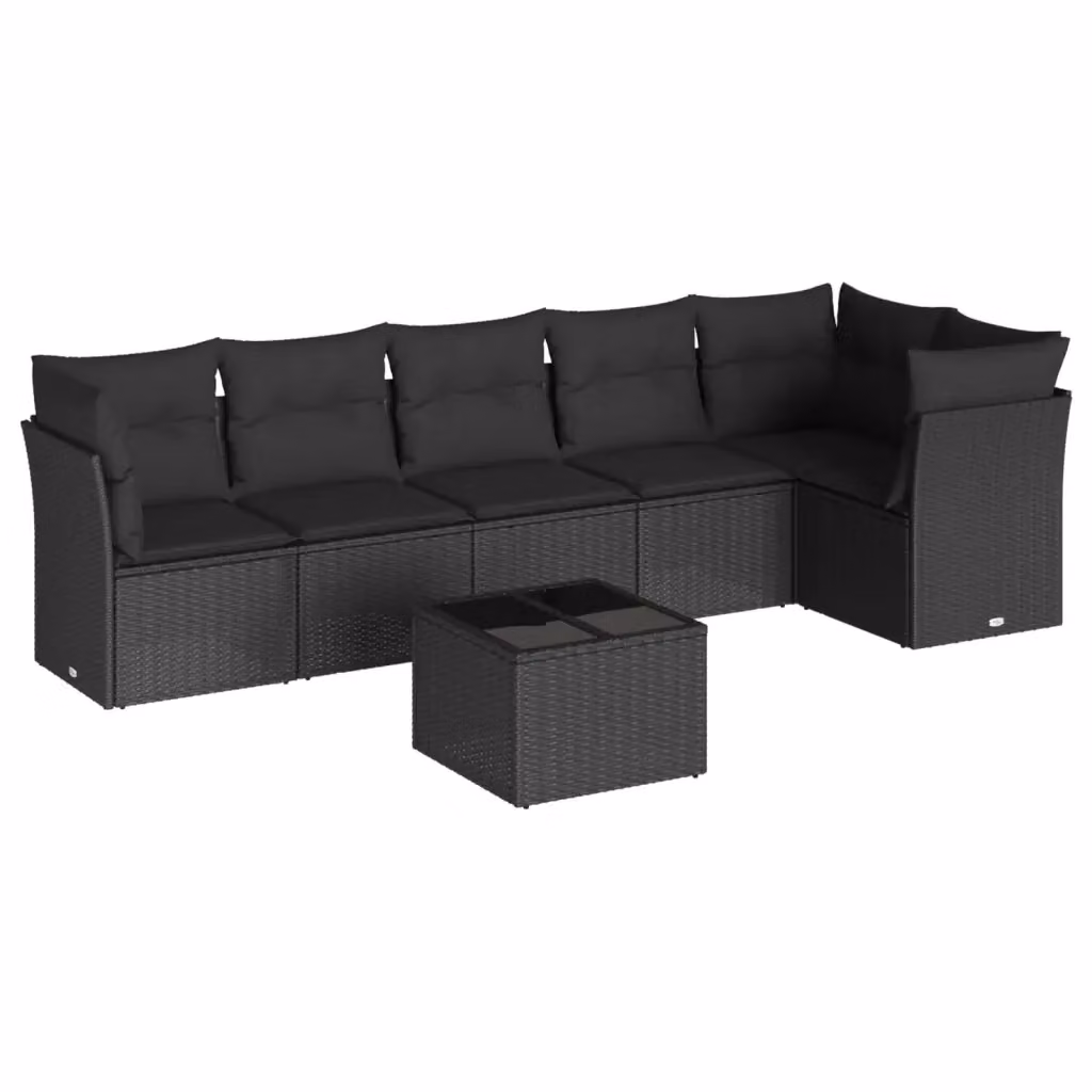 vidaXL Set Divani da Giardino a L con Cuscini 7pz Nero Polyrattan e Tavolino in Vetro – 2