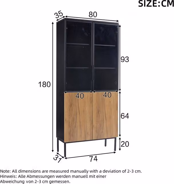 Vetrina alta 180 cm con porte in vetro e LED USB; ripiani regolabili; truciolare nero e rovere
