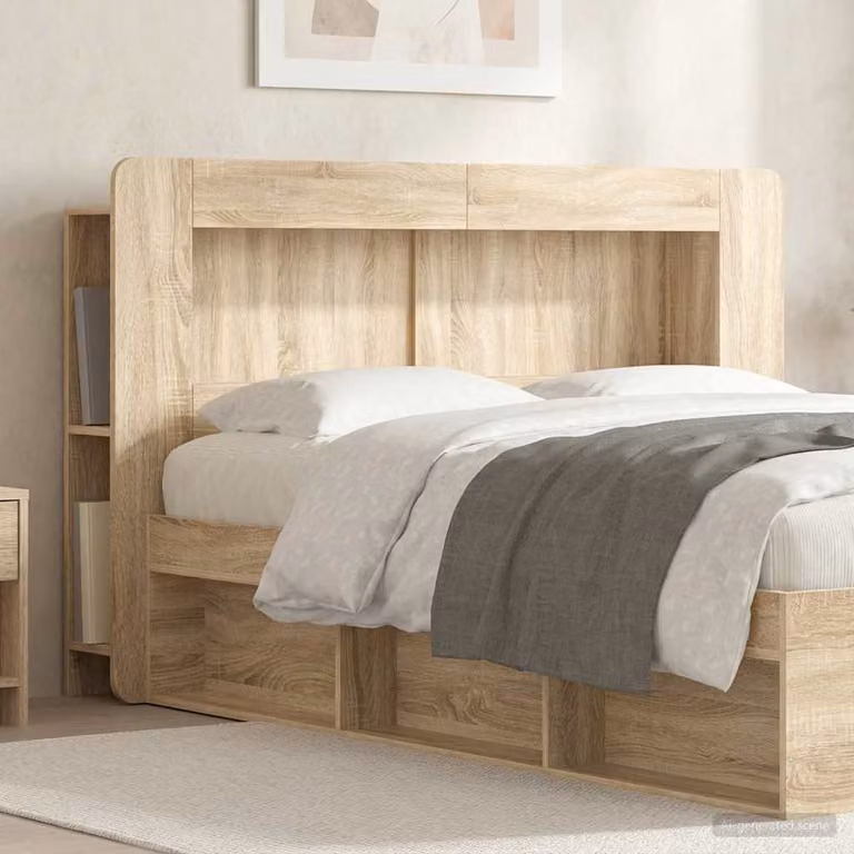 Testata del letto moderna vidaXL in legno ingegnerizzato Rovere Sonoma con ripiano integrato e scomparti laterali, Marrone, L: 153,5 cm, H: 100 cm, P: 18,5 cm
