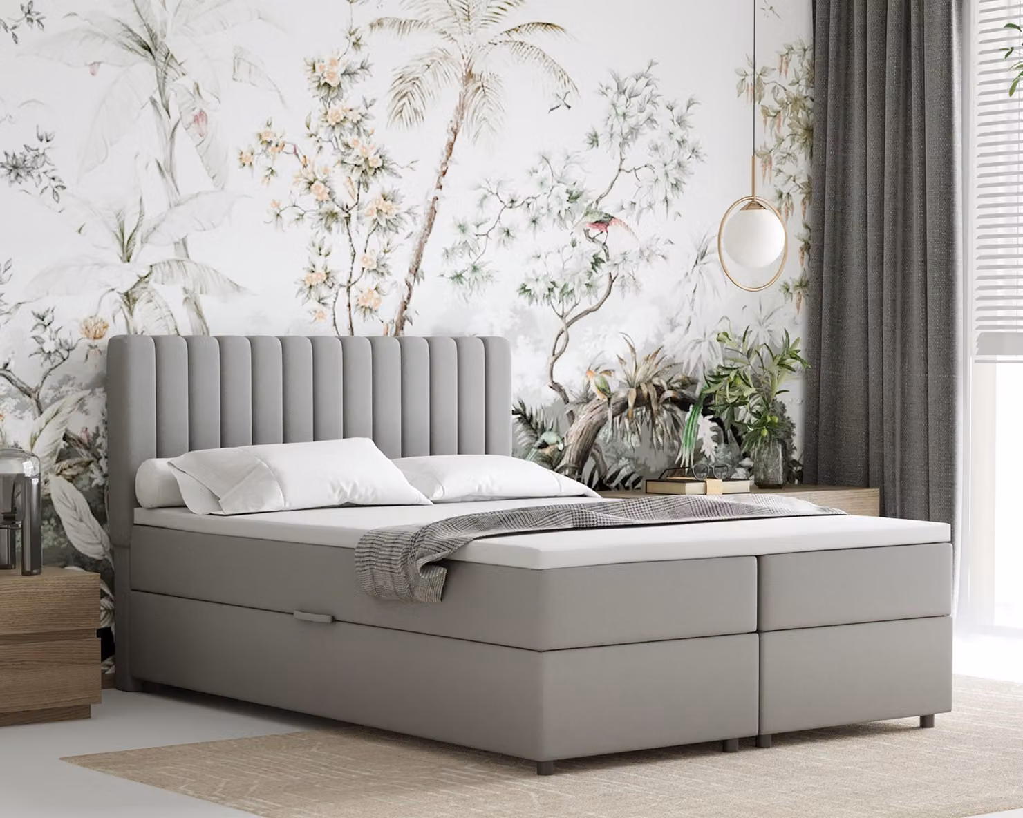 Letto boxspring 140x200 EVEREST, con topper, con contenitori, letto matrimoniale, grigio chiaro, Panda Möbel
