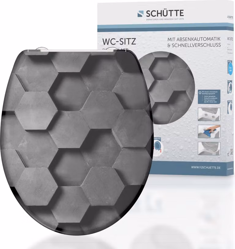 Sedile WC SCHÜTTE GREY HEXAGONS, sedile WC in duroplast con meccanismo di chiusura morbida e chiusura rapida Motivo della stampa