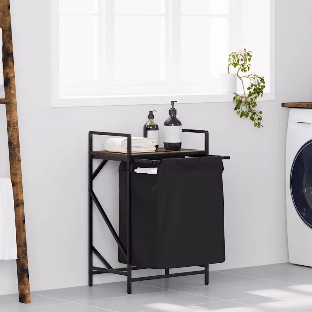 vidaXL Cesto per la Biancheria con 1 Scomparto e Ripiano, Nero e Marrone, L/P/H: 77 x 50 x 33 cm
