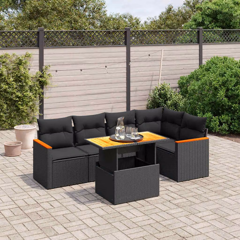 vidaXL Set Divano da Giardino a L 6 pz in Polyrattan Nero con Cuscini e Tavolino – 1