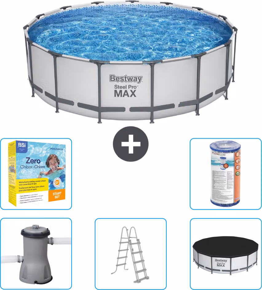 Piscina Bestway Round Steel Pro MAX - 457 x 122 cm - grigio - inclusa pompa - scala - copertura pacchetto manutenzione - filtro