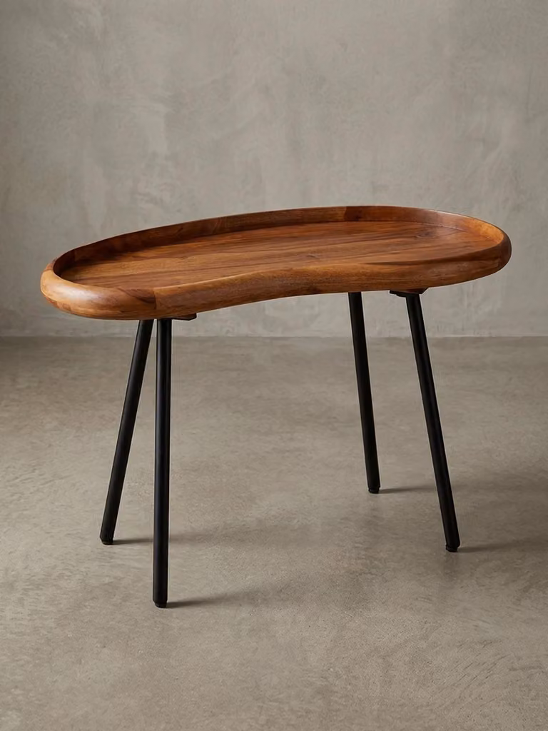 Tavolino WL5.670 71x42x40 cm Tavolino in legno massello di sheesham a forma di rene con gambe in metallo, tavolino da salotto in legno massello, tavolino piccolo in vero legno, tavolino da salotto in legno, tavolino moderno