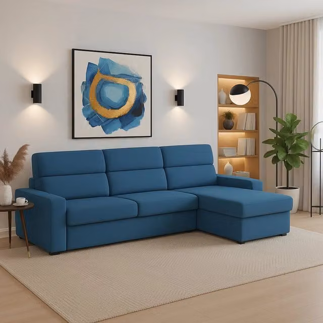Divano con penisola reversibile Vigonovo blu Made in Italy con coperture sfoderabili e struttura in legno massello L/P: 280 x 160 cm – 1