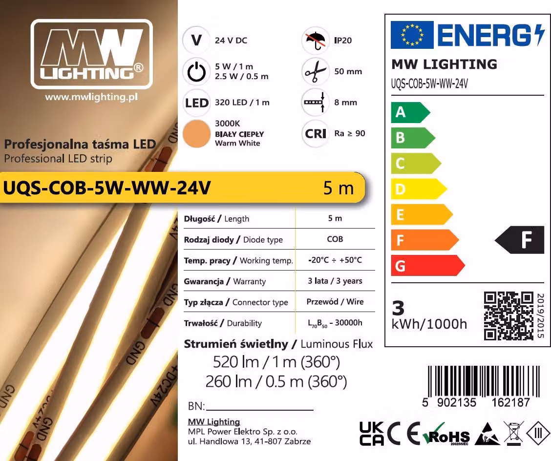 Nastro LED COB professionale 5W 3000K bianco caldo 5m