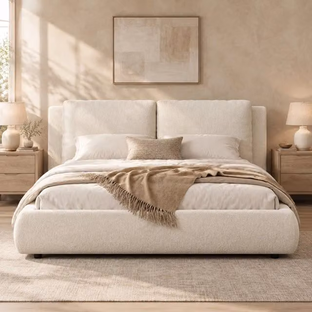 Letto matrimoniale imbottito 180x200 cm con contenitore, rete a doghe e testiera in bouclé beige