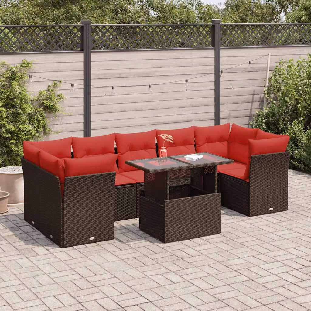 Set Divani da Giardino vidaXL 8 pz in Polyrattan Marrone con Cuscini e Tavolino da Esterno