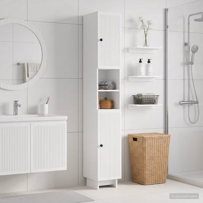 Armadio da bagno moderno vidaXL con ripiano aperto e ante a battente, Bianco, L: 30 cm, P: 31 cm, H: 190 cm