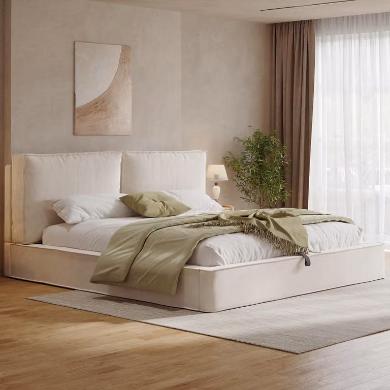 Letto imbottito idraulico Flieks 180x200 cm con contenitore, letto matrimoniale con testiera imbottita, letto con contenitore, letto in legno per ragazzi, ciniglia, beige