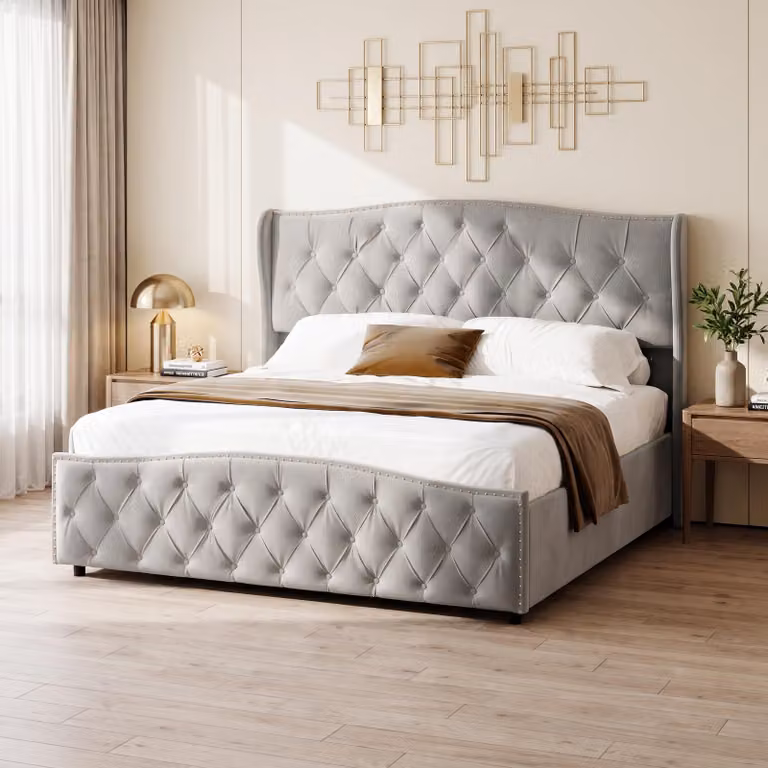 Letto imbottito INONEFT, 140x200 cm, con rete a doghe e testiera, imbottitura con borchie, letto a molle con sistema di sollevamento idraulico e spazio contenitore, rivestito in velluto, colore grigio, senza materasso