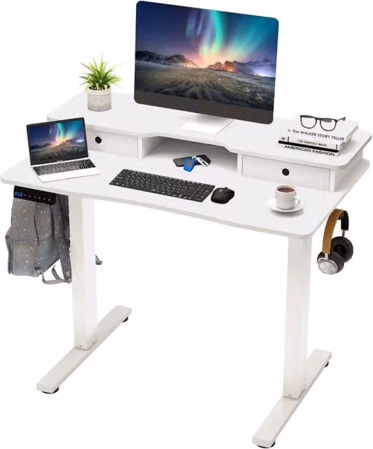 Scrivania elettrica regolabile in altezza con 2 cassetti, Scrivania con supporto per monitor 100 x 60 cm Bianco-Scrivanie