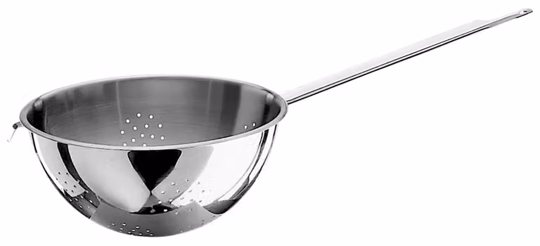Colapasta sferico in acciaio inox con un manico e gancio