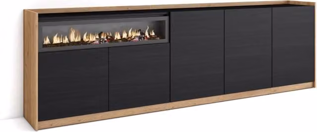Credenza, Mobile, Cucina, 260x80x37 cm, 5 Porte, Camino elettrico, Nero e rovere