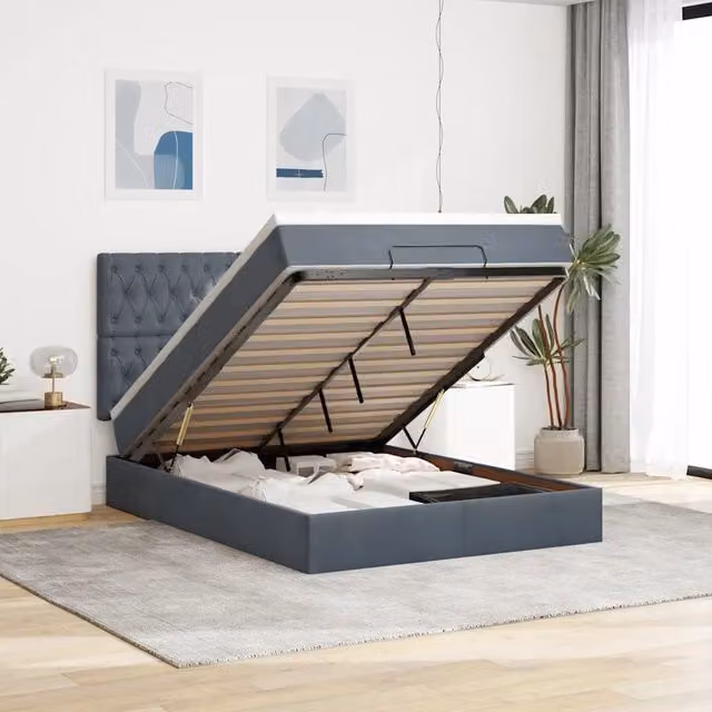 Letto con contenitore a sollevamento vidaXL in velluto grigio e bianco con porta USB e illuminazione sottostante L/P/H: 193 x 144 x 128 cm – 1