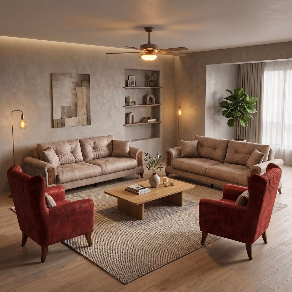 Divano componibile: 2 divani a 3 posti, 2 poltrone. Design moderno, colore marrone e rosso. Elegante set di divani