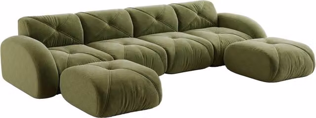 Divano modulare a 4 posti a forma di U in tessuto chenille verde con 2 pouf, senza telaio, design antiscivolo