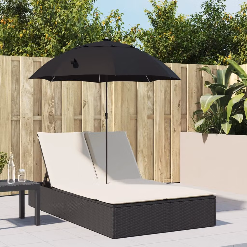 vidaXL Lettino Prendisole Doppio in Polyrattan Nero con Parasole e Poggiatesta Regolabile