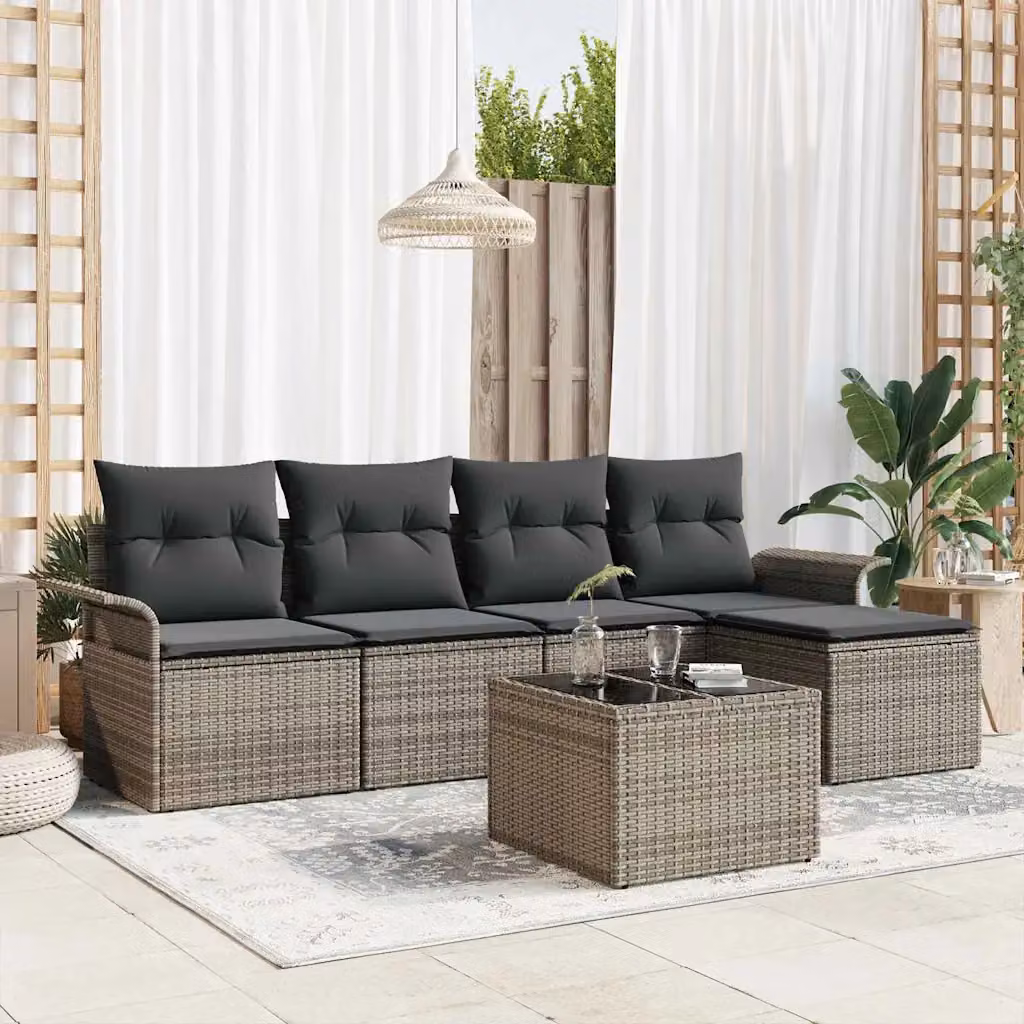 Set da giardino vidaXL composto da 6 pezzi in polyrattan grigio con cuscini e tavolino coordinato – 1