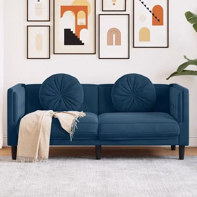 Divano a 2 Posti con Cuscini-Sofa 2 Posti con Cuscini Blu in Velluto