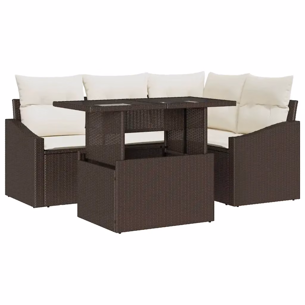 Set Divano da Giardino vidaXL 5 Pezzi Marrone e Beige con Cuscini e Tavolino in Acciaio Verniciato a Polvere – 2