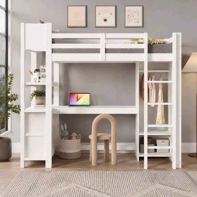 Letto a soppalco Mivray per bambini con scrivania, scaffali e armadio in legno e MDF bianco, L/P/H: 200 x 90 x 189,5 cm