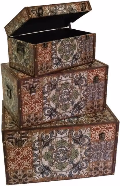 Set di 3 Baule Vacchetti in Ecopelle con Motivo Mandala Geometrico Multicolore, L: 59 cm, P: 36 cm, H: 33 cm – 1