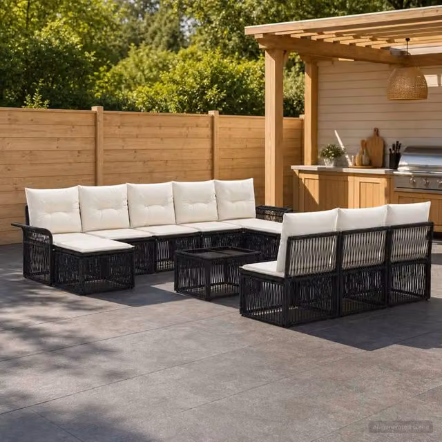 Set Divano da Giardino vidaXL a Forma a U in Polyrattan Nero con 11 Pezzi e Cuscini Inclusi