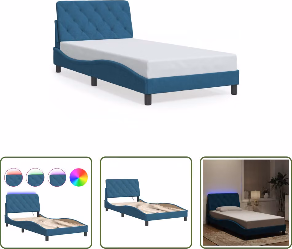 The Living Store Struttura letto con luci LED Blu 100x200 cm Velluto
