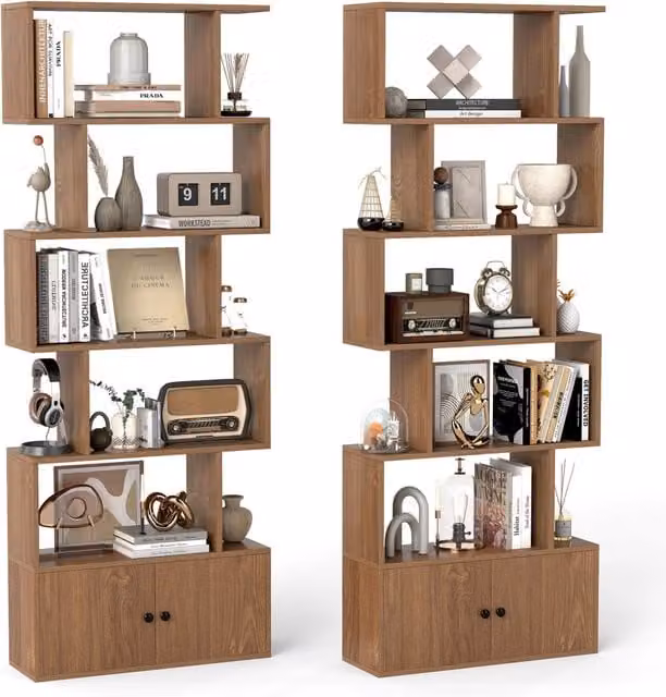 Libreria moderna a forma di S con 5 livelli e ante in legno color marrone per soggiorno, camera da letto o ufficio in casa