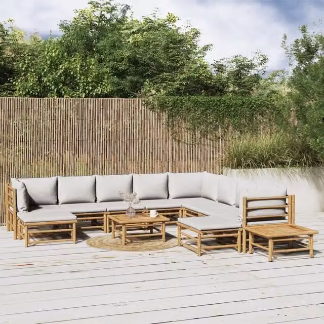 Set Salotto da Giardino vidaXL in Bambu con Cuscini Grigio Chiaro 12 Pezzi – 1